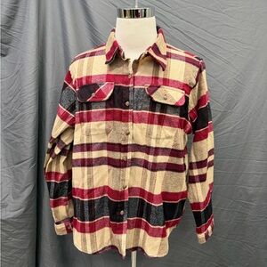 NE Limited Burgundy and Beige Plaid Flannel Shirt